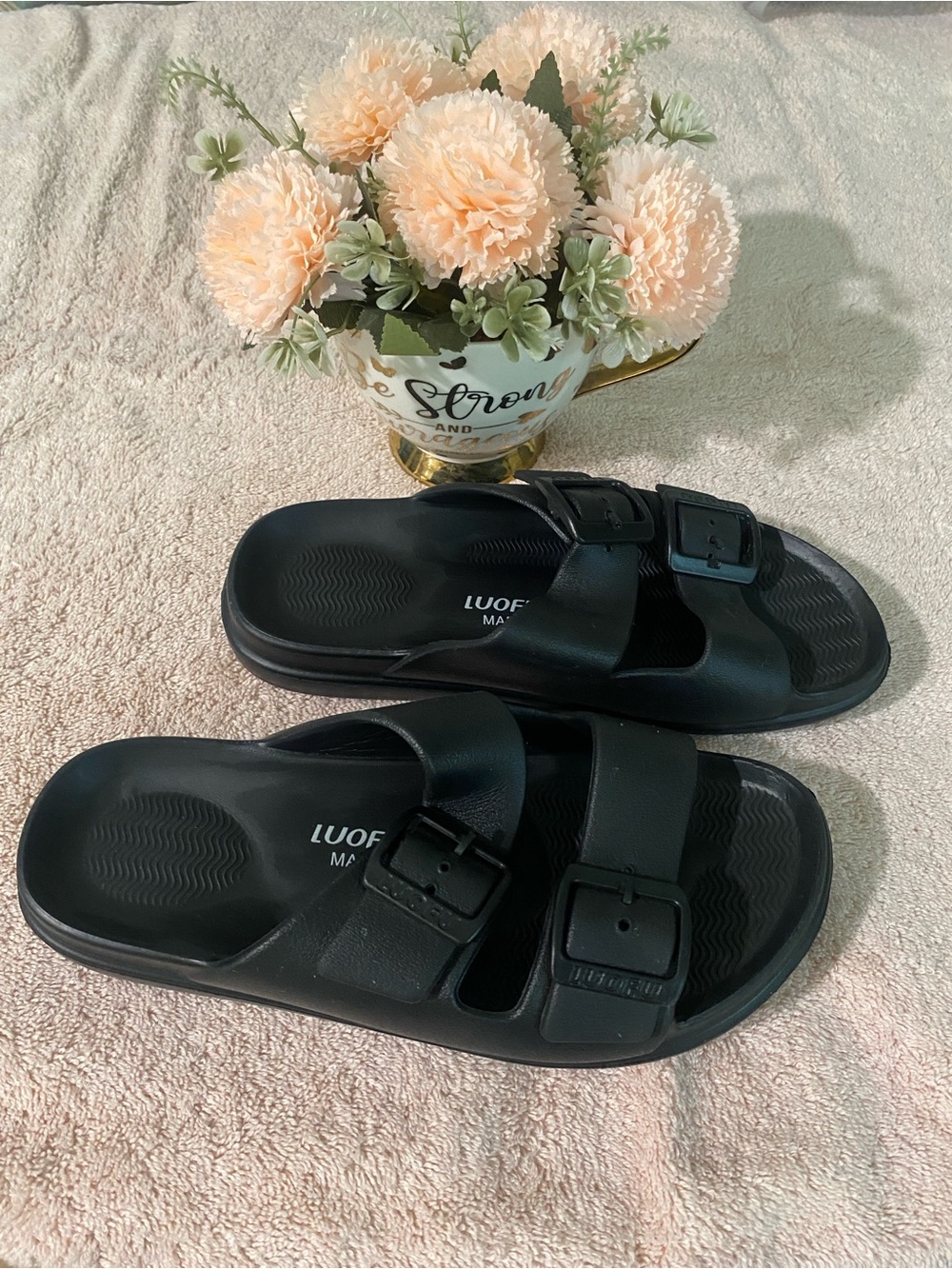 Black Dual-Buckle Slide Sandals for Women